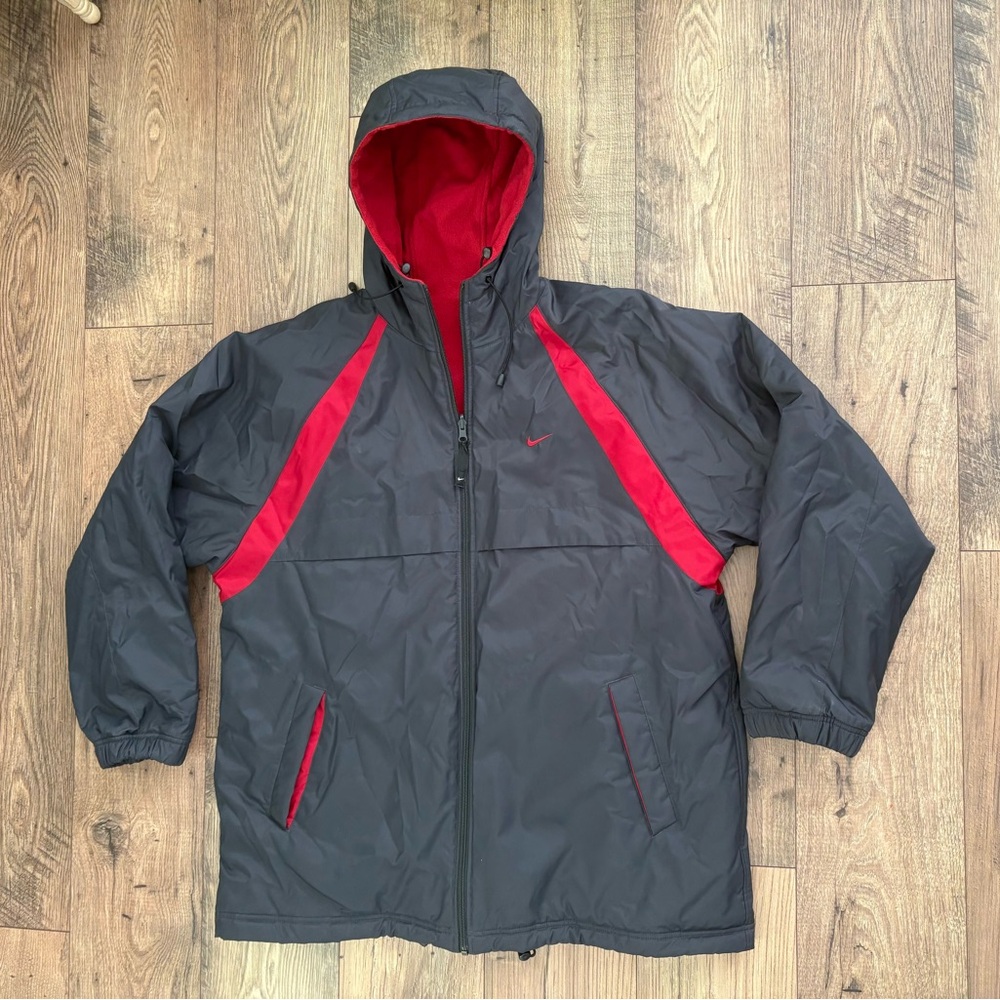 Nike Reversible Jacket Mens 2XL Gray Red Fleece Lined Hooded Coat Y2K Vintage